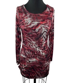 Marc Bouwer Red Black Printed Long Sleeve Ruched Blouse Top Jersey Knit XXS